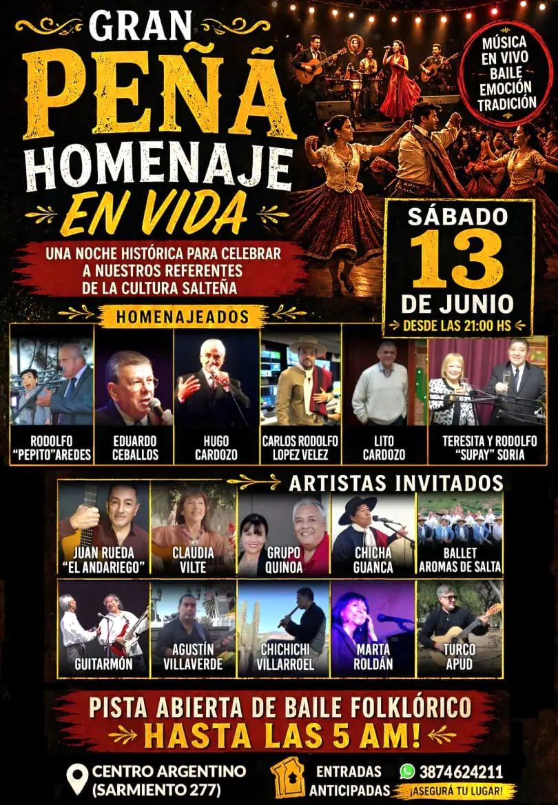El Centro Argentino celebra 135 años con una gran peña homenaje a referentes de la cultura salteña